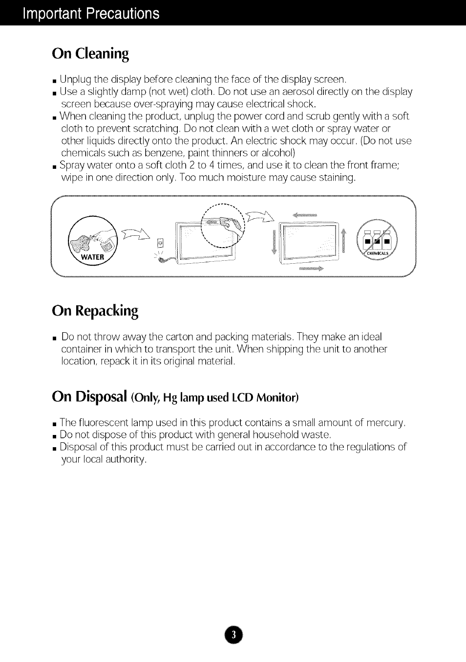 On cleaning, On repacking, Important precautions | LG W286L User Manual | Page 4 / 33