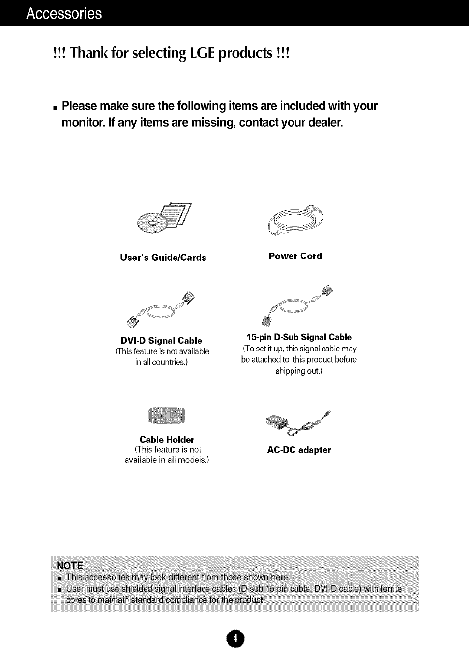 Thank for selecting lge products, Note, Accessories | LG W286L User Manual | Page 5 / 33