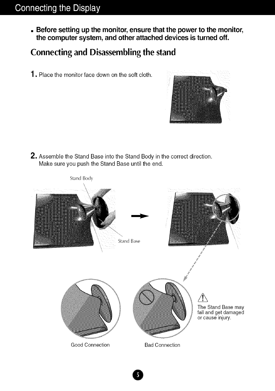 Connecting and disassembling the stand, Connecting the display | LG W286L User Manual | Page 6 / 33