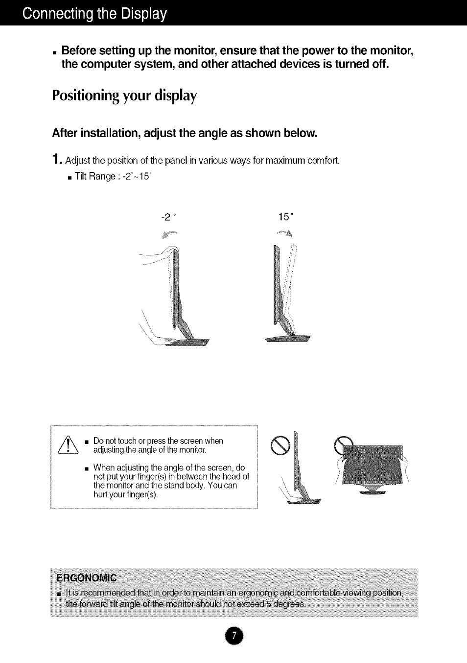 Positioning your display, Ergonomic, Connecting the display | LG W286L User Manual | Page 8 / 33