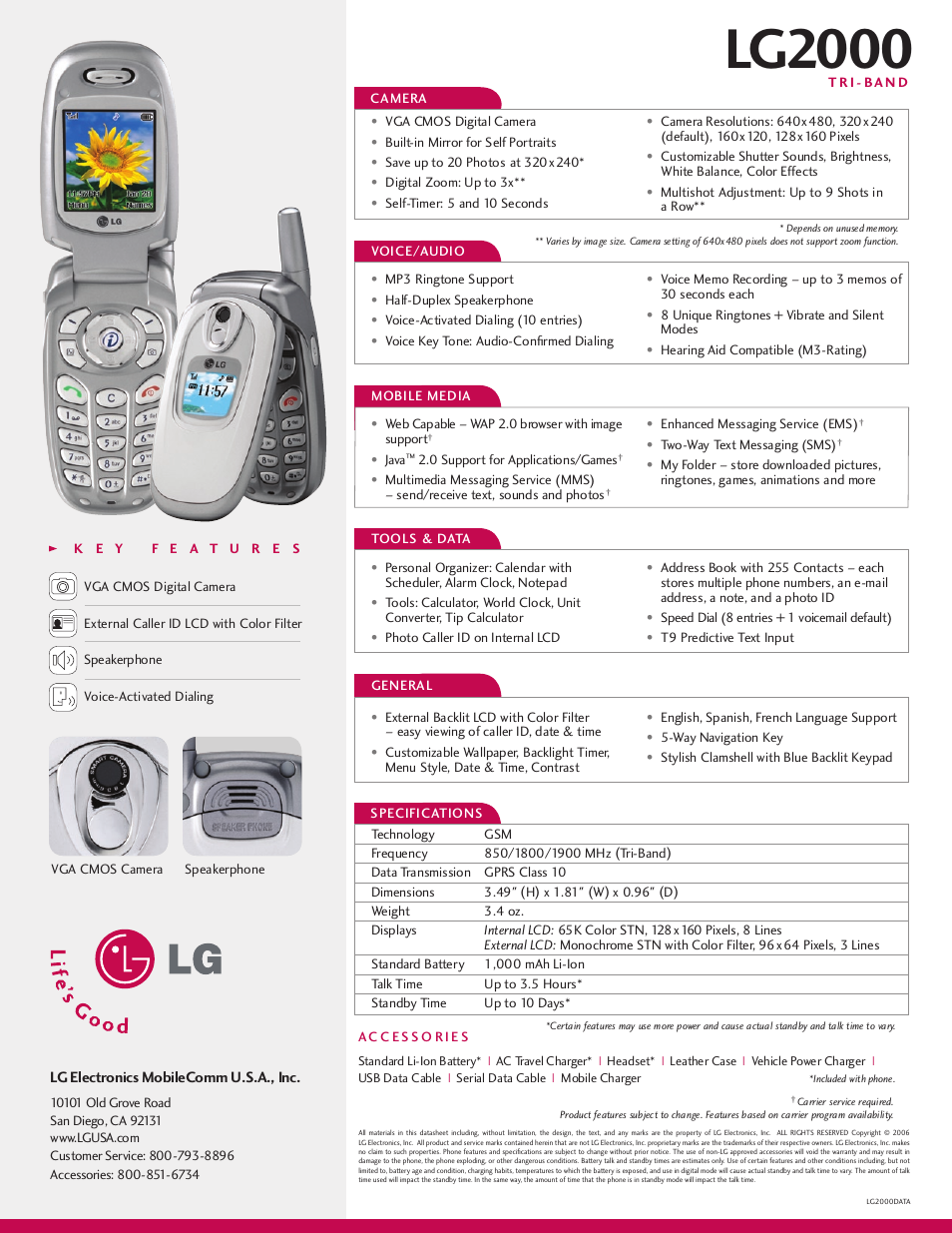 Lg2000, Lg electronics mobilecomm u.s.a., inc, T r i - b a n d | Java, 0 support for applications/games, Enhanced messaging service (ems), Two-way text messaging (sms) | LG 2000 User Manual | Page 2 / 2