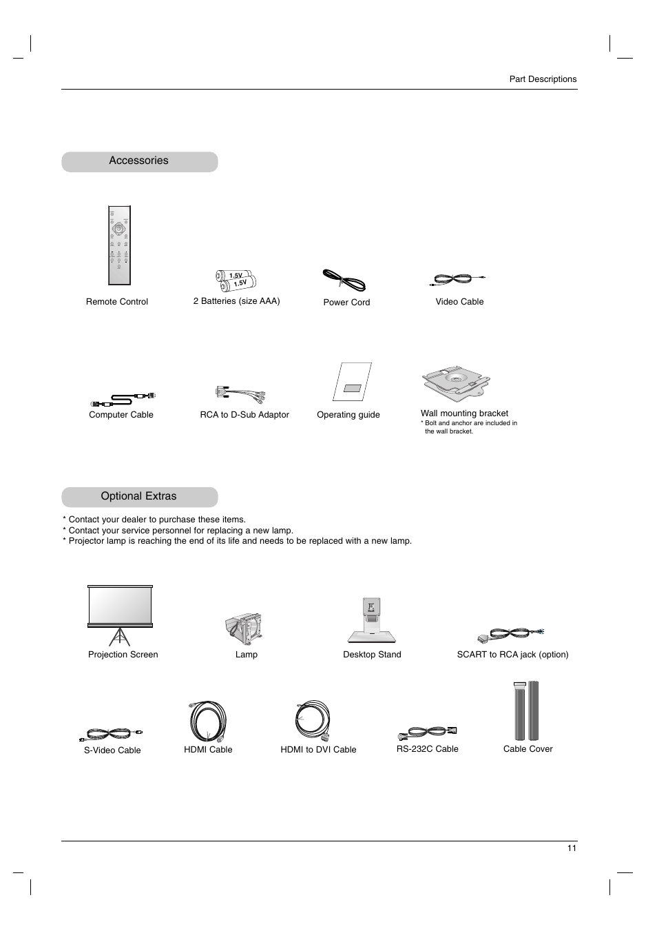 Accessories optional extras | LG AN110B-JD User Manual | Page 11 / 48