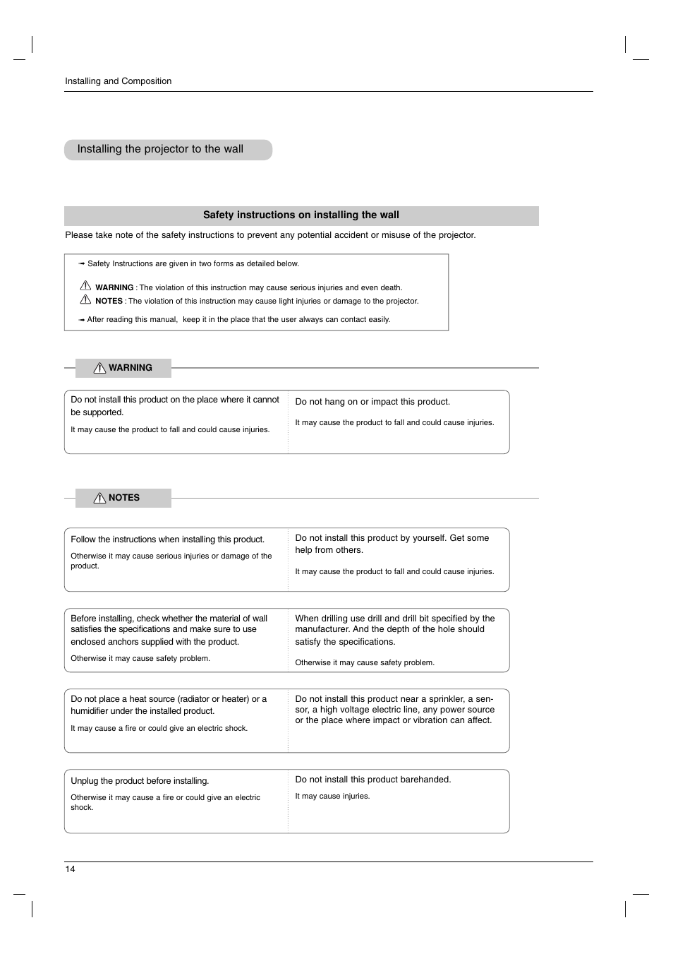 Installing the projector to the wall | LG AN110B-JD User Manual | Page 14 / 48