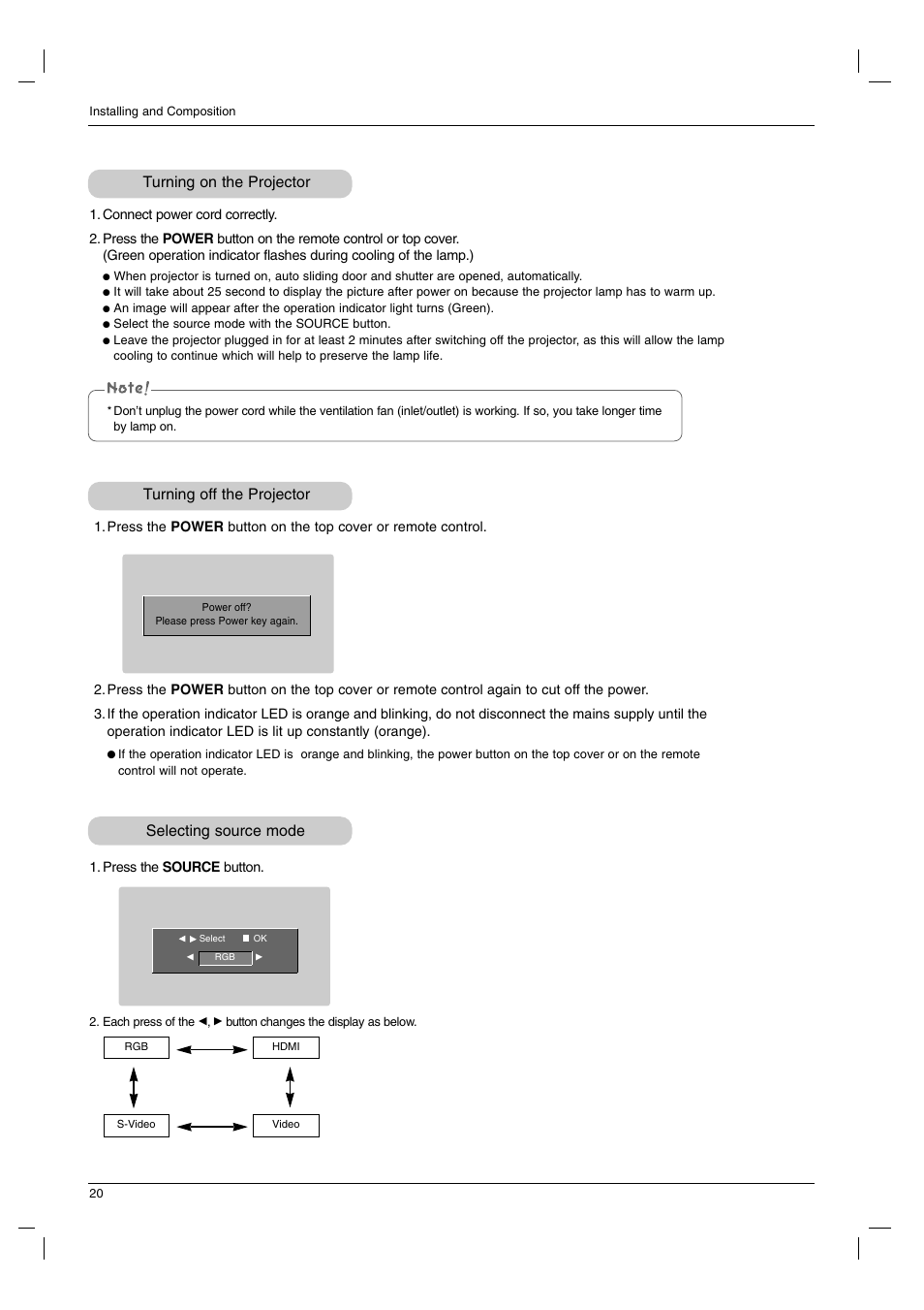 Turning on the projector turning off the projector, Selecting source mode | LG AN110B-JD User Manual | Page 20 / 48