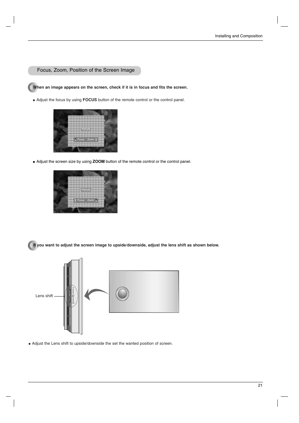 Focus, zoom, position of the screen image | LG AN110B-JD User Manual | Page 21 / 48