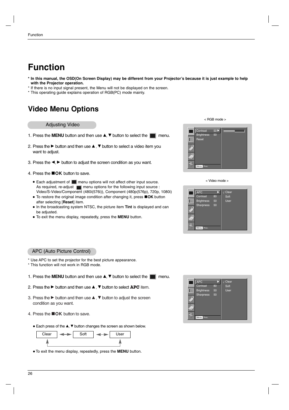 Function, Video menu options, Adjusting video | Apc (auto picture control) | LG AN110B-JD User Manual | Page 26 / 48