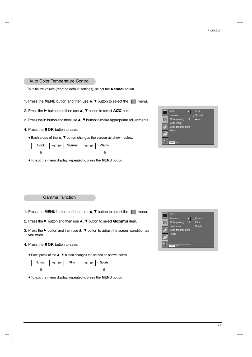 Auto color temperature control, Gamma function | LG AN110B-JD User Manual | Page 27 / 48