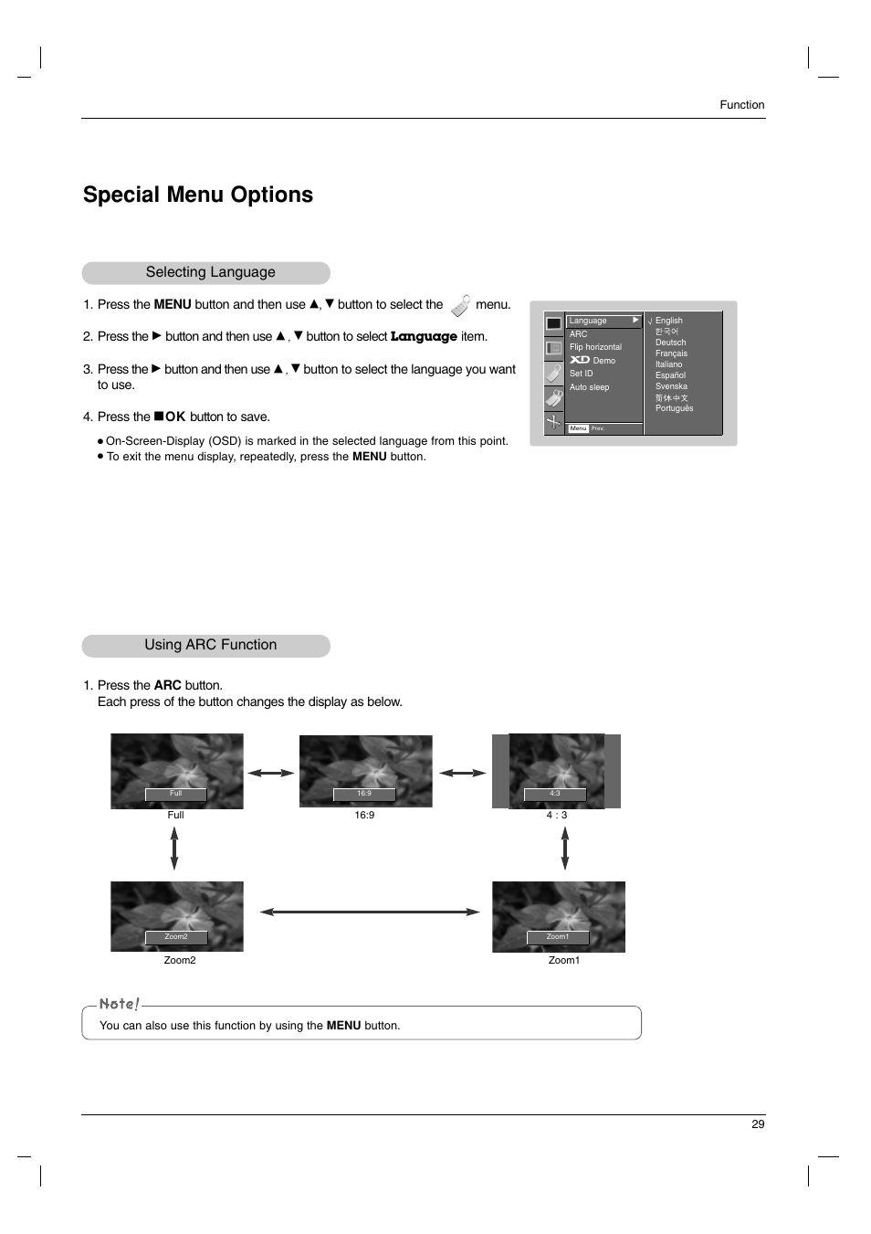 Special menu options, Selecting language, Using arc function | LG AN110B-JD User Manual | Page 29 / 48