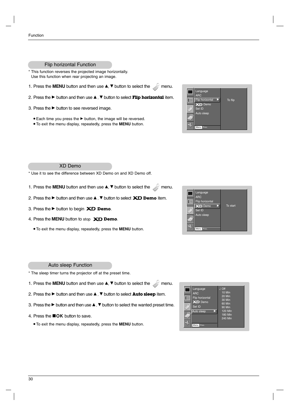 Flip horizontal function, Xd demo, Auto sleep function | LG AN110B-JD User Manual | Page 30 / 48