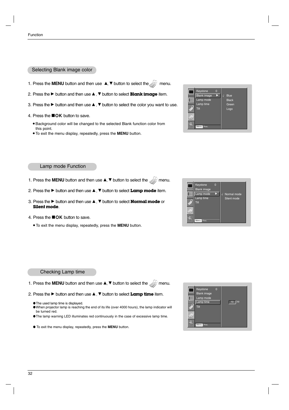 Lamp mode function, Checking lamp time, Selecting blank image color | LG AN110B-JD User Manual | Page 32 / 48