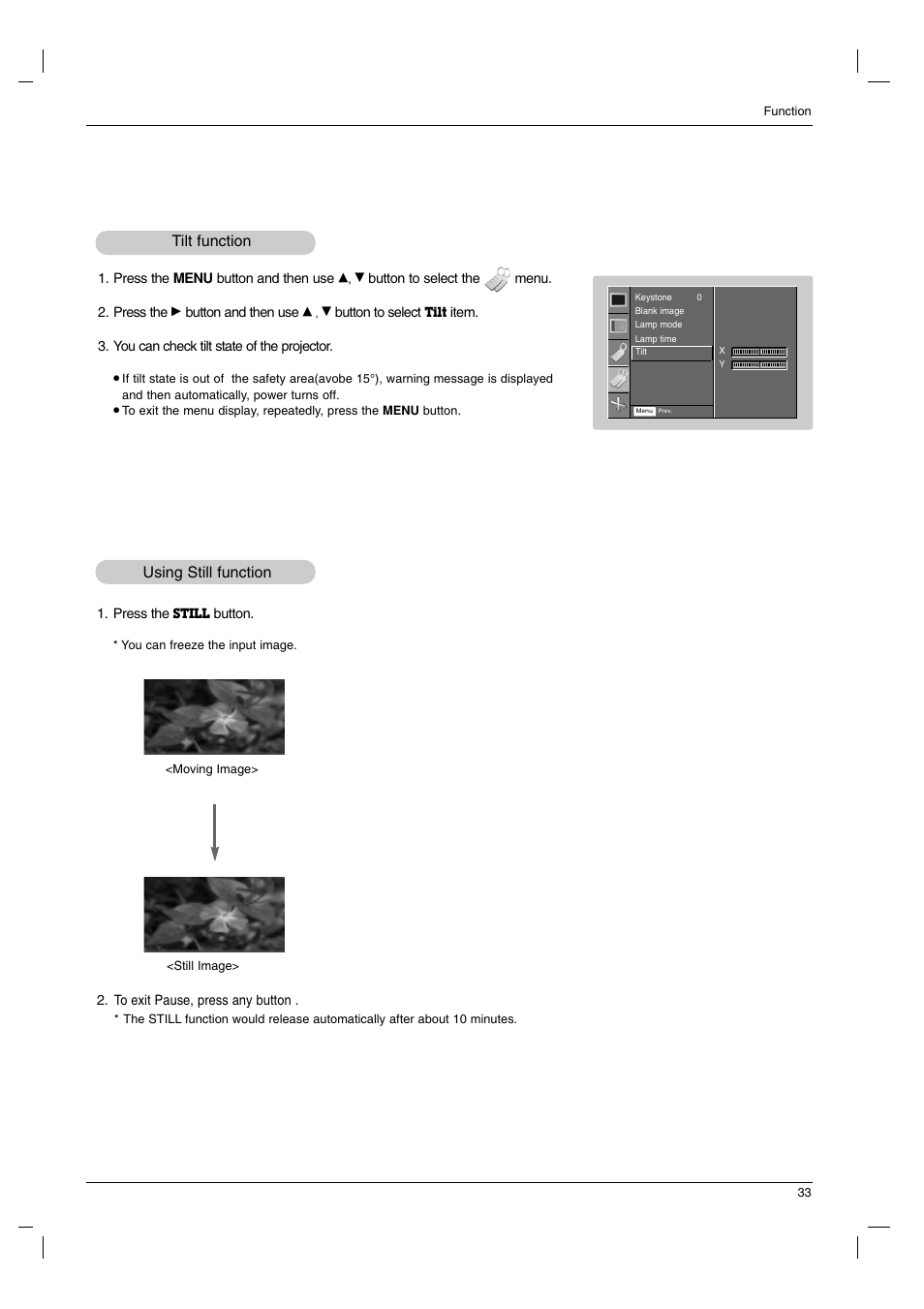 Tilt function, Using still function | LG AN110B-JD User Manual | Page 33 / 48