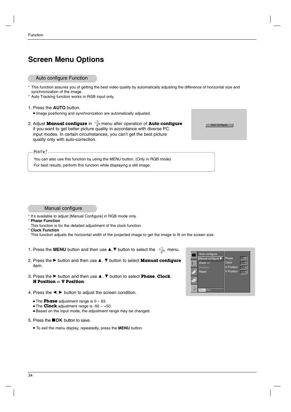 Screen menu options, Manual configure, Auto configure function | LG AN110B-JD User Manual | Page 34 / 48