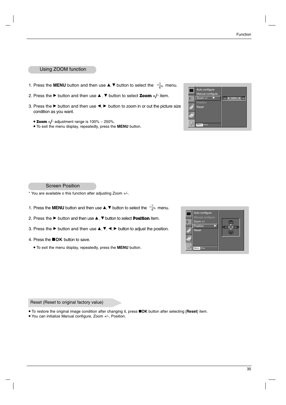 Screen position using zoom function | LG AN110B-JD User Manual | Page 35 / 48