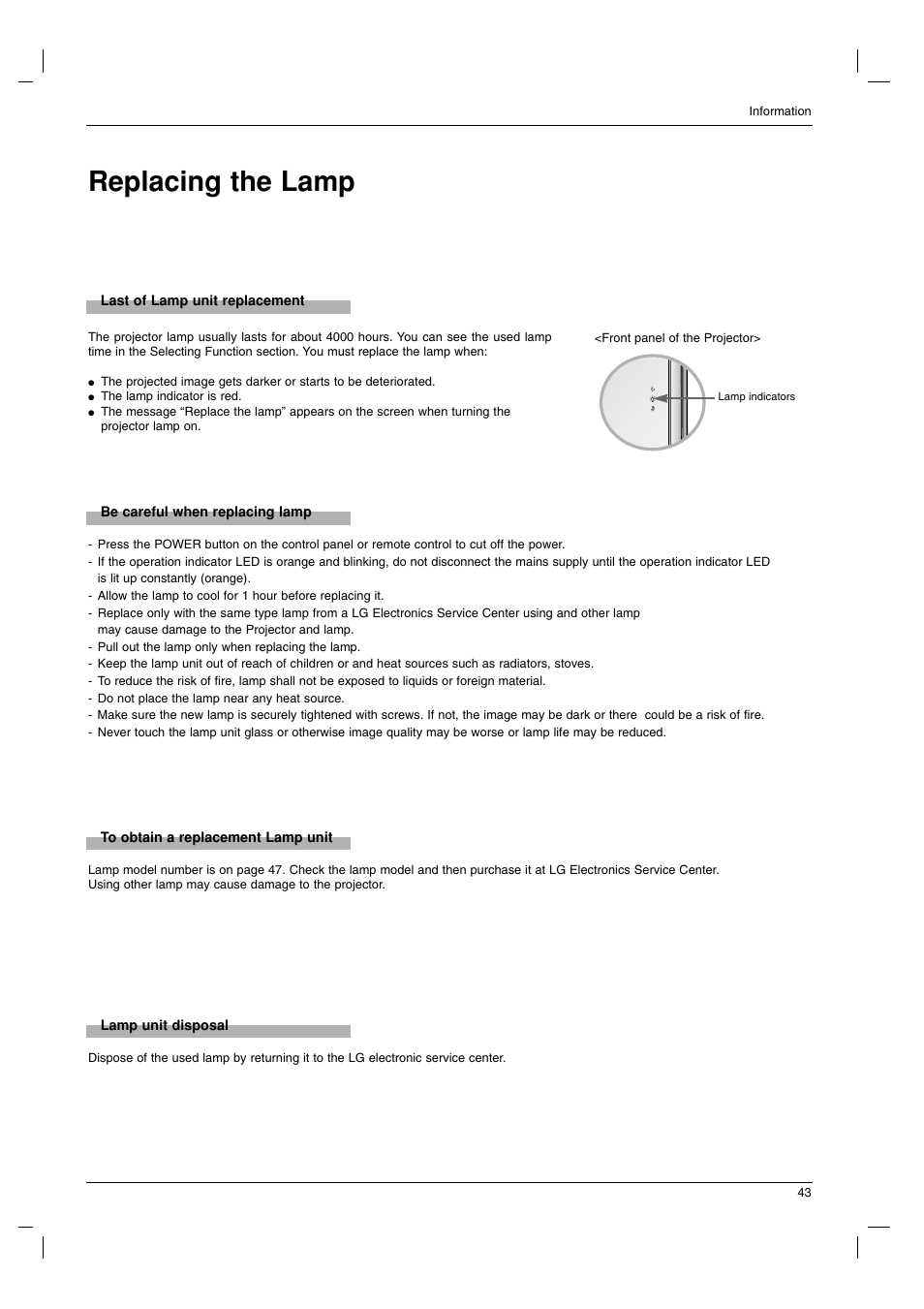 Replacing the lamp | LG AN110B-JD User Manual | Page 43 / 48