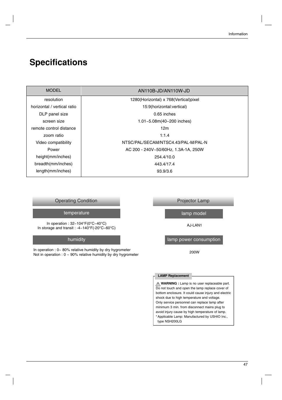 Specifications | LG AN110B-JD User Manual | Page 47 / 48