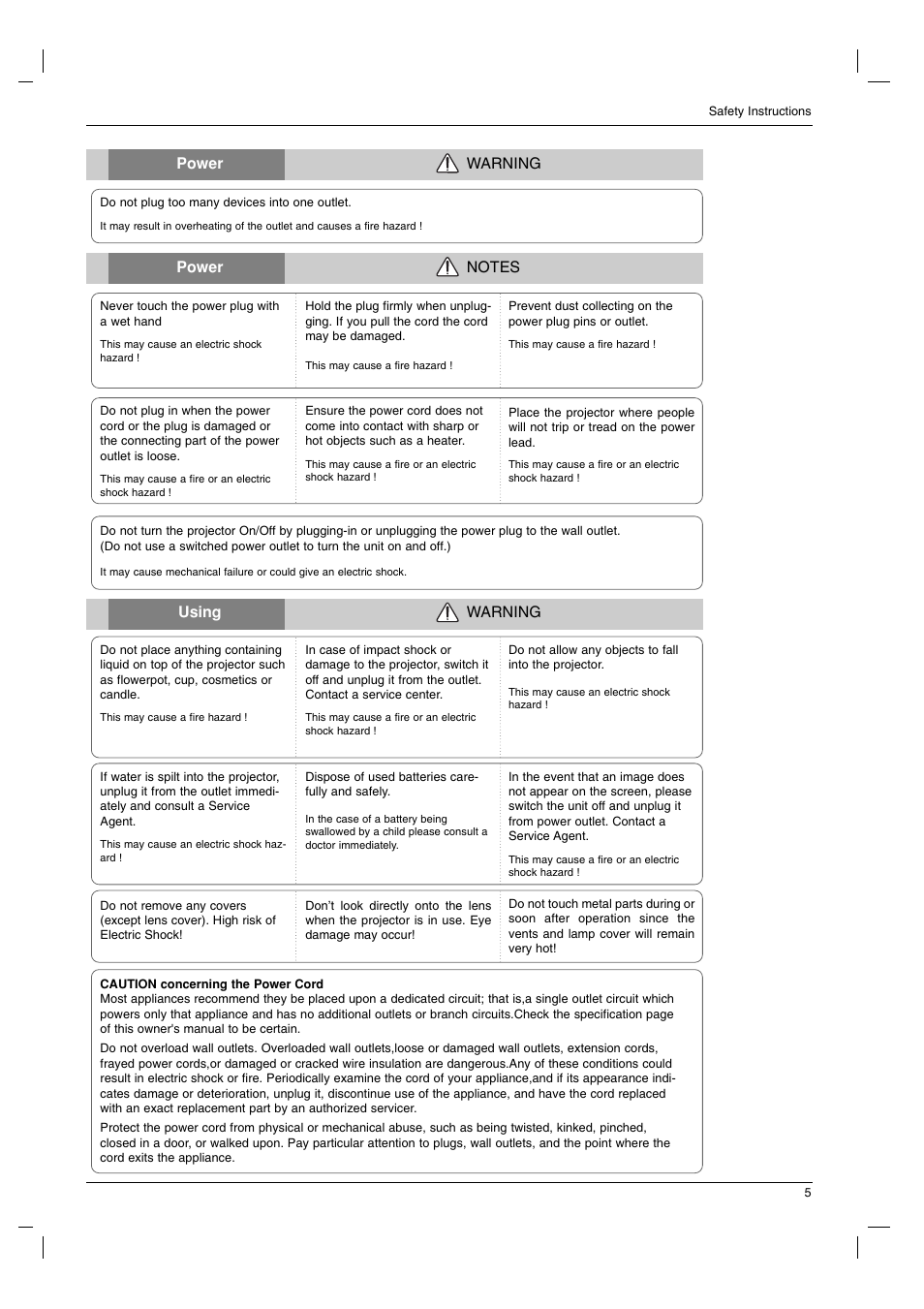 Using warning, Power warning | LG AN110B-JD User Manual | Page 5 / 48