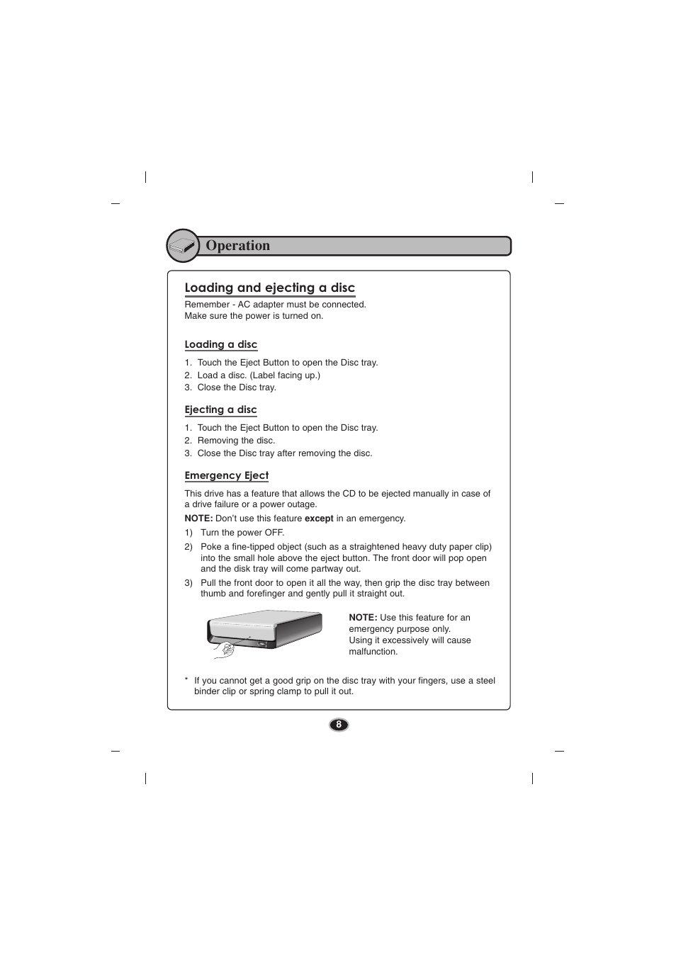 Operation, Loading and ejecting a disc | LG BE06LU11 User Manual | Page 11 / 15
