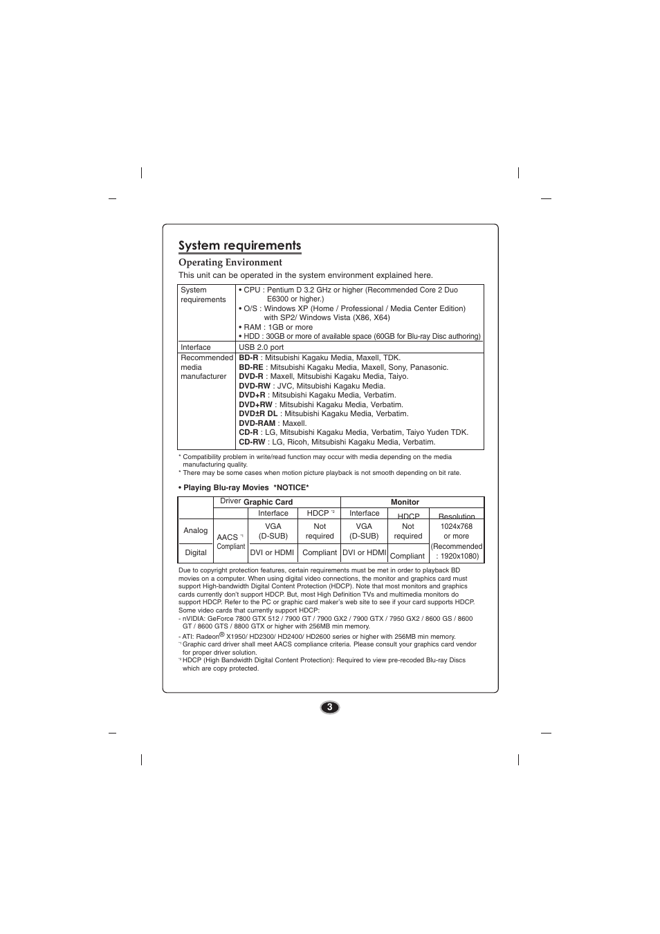 System requirements, Operating environment | LG BE06LU11 User Manual | Page 6 / 15