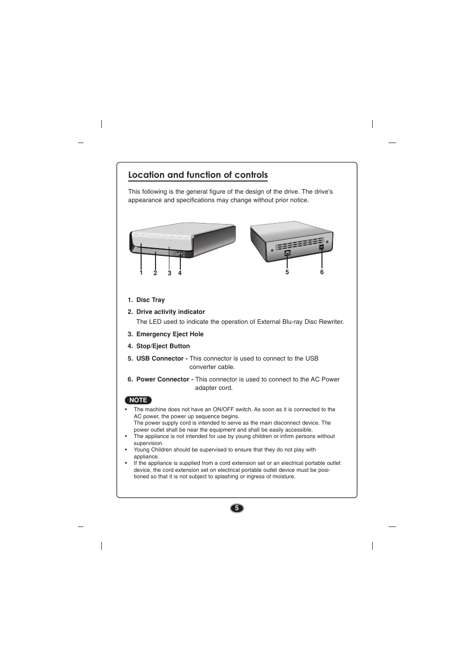 Location and function of controls | LG BE06LU11 User Manual | Page 8 / 15