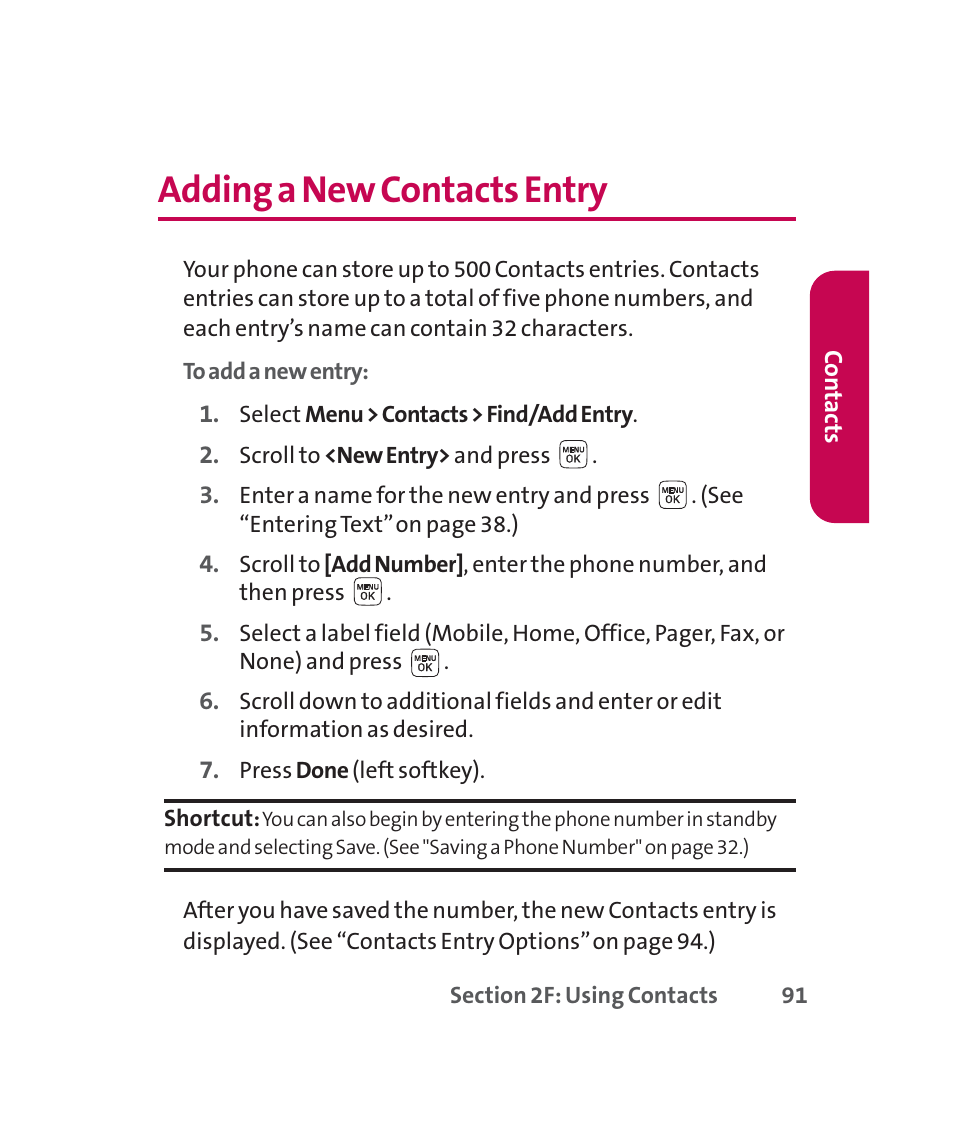 Adding a new contacts entry | LG 160 User Manual | Page 104 / 416