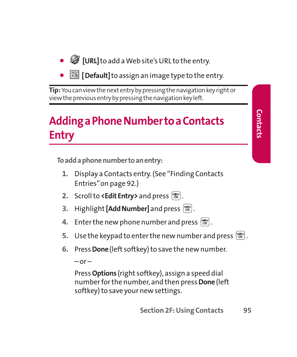 Adding a phone number to a contacts entry | LG 160 User Manual | Page 108 / 416