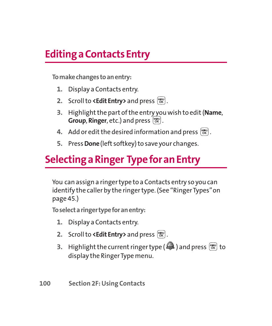 Editing a contacts entry, Selecting a ringer type for an entry | LG 160 User Manual | Page 113 / 416