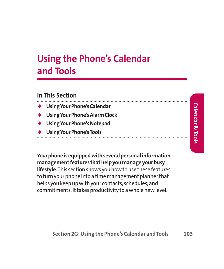 Using the phone’s calendar and tools | LG 160 User Manual | Page 116 / 416