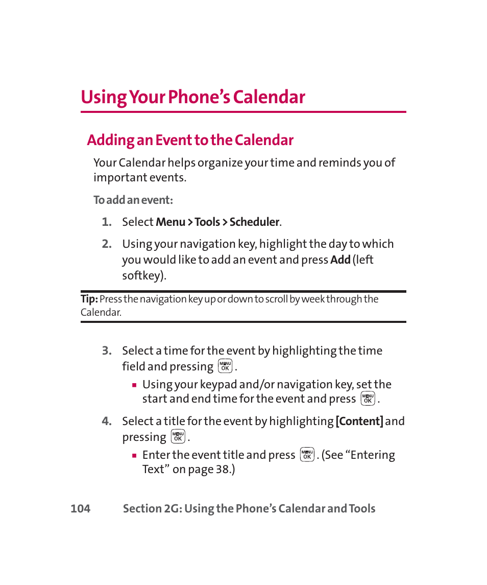 Using your phone’s calendar, Adding an event to the calendar | LG 160 User Manual | Page 117 / 416