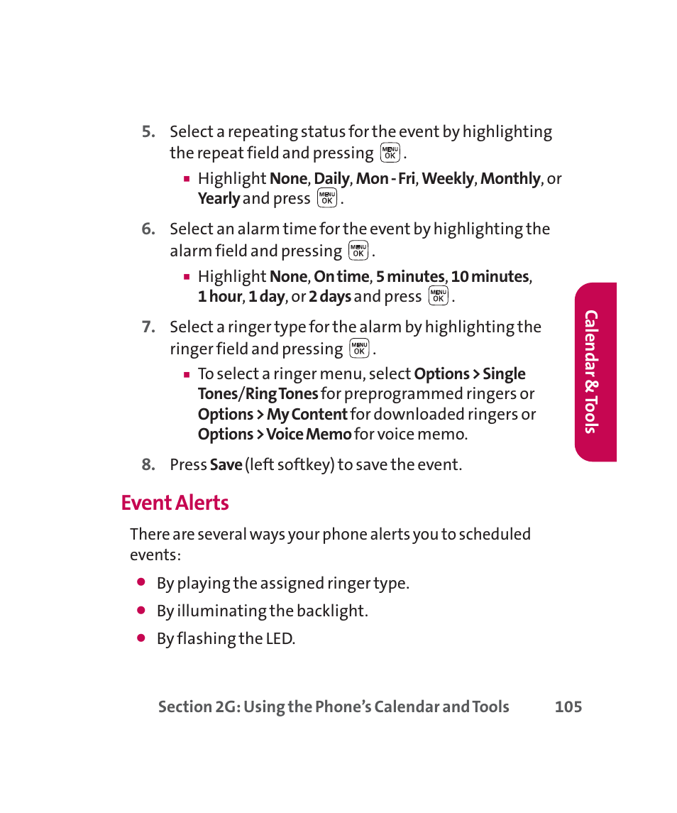 Event alerts | LG 160 User Manual | Page 118 / 416