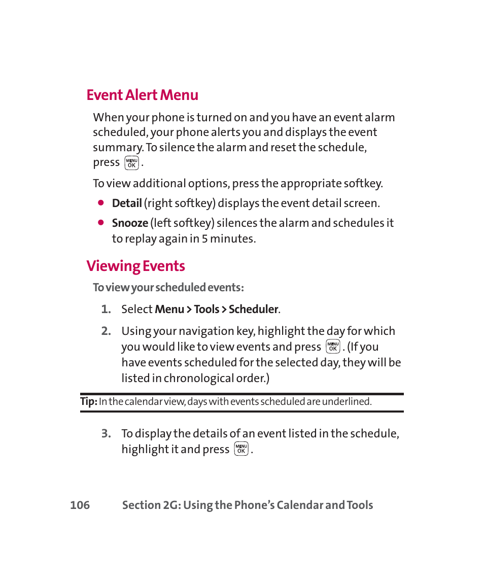 Event alert menu, Viewing events | LG 160 User Manual | Page 119 / 416