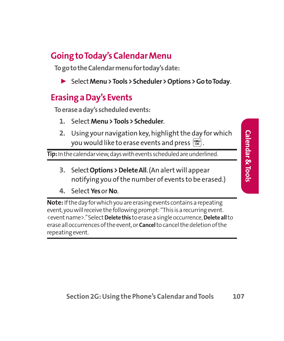 Going to today’s calendar menu, Erasing a day’s events | LG 160 User Manual | Page 120 / 416