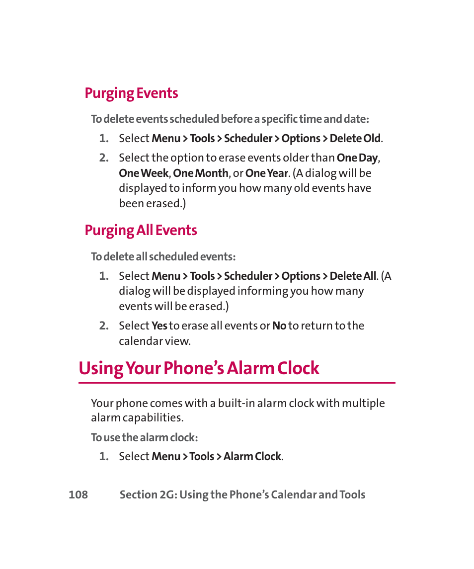 Using your phone’s alarm clock, Purging events, Purging all events | LG 160 User Manual | Page 121 / 416