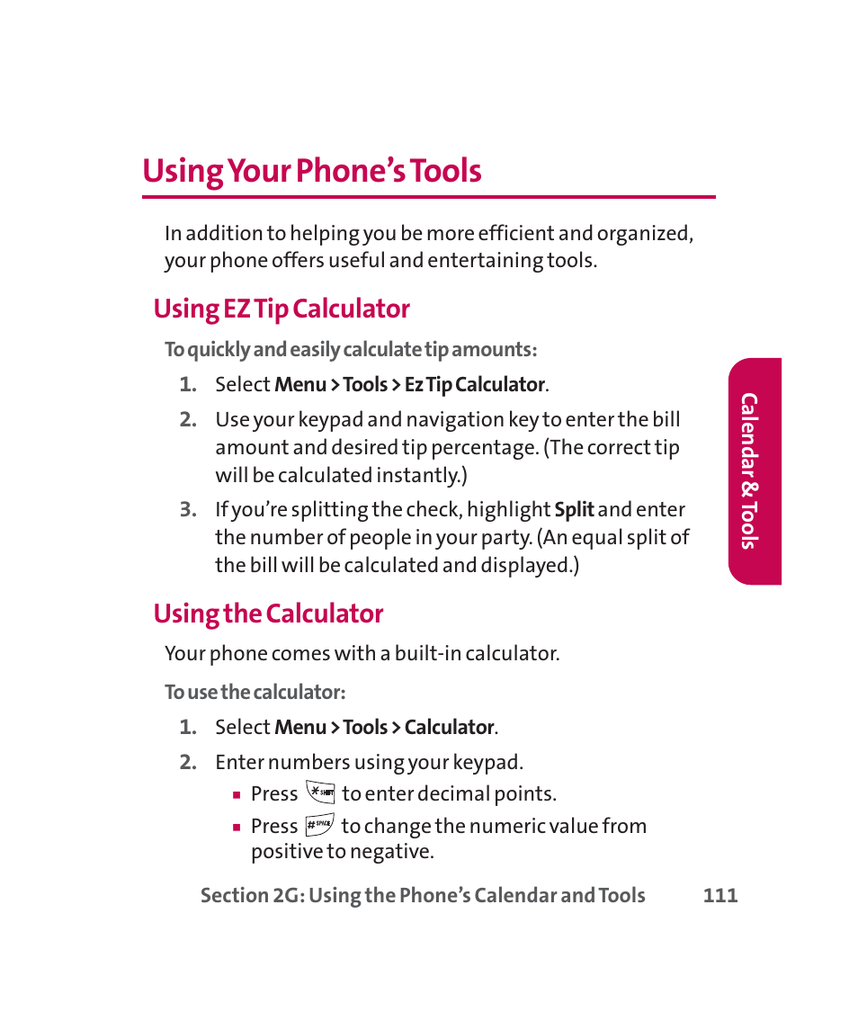 Using your phone’s tools, Using ez tip calculator, Using the calculator | LG 160 User Manual | Page 124 / 416