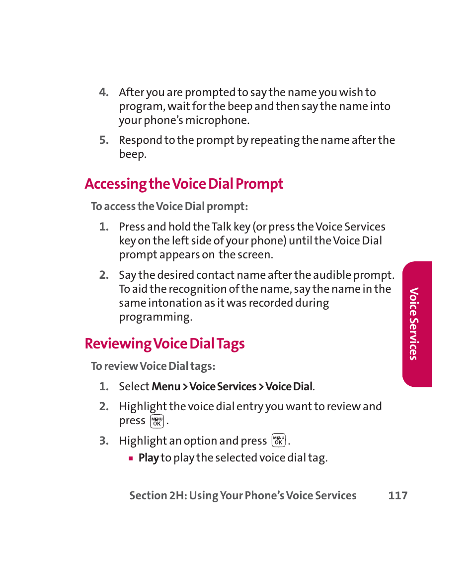 Accessing the voice dial prompt, Reviewing voice dial tags | LG 160 User Manual | Page 130 / 416