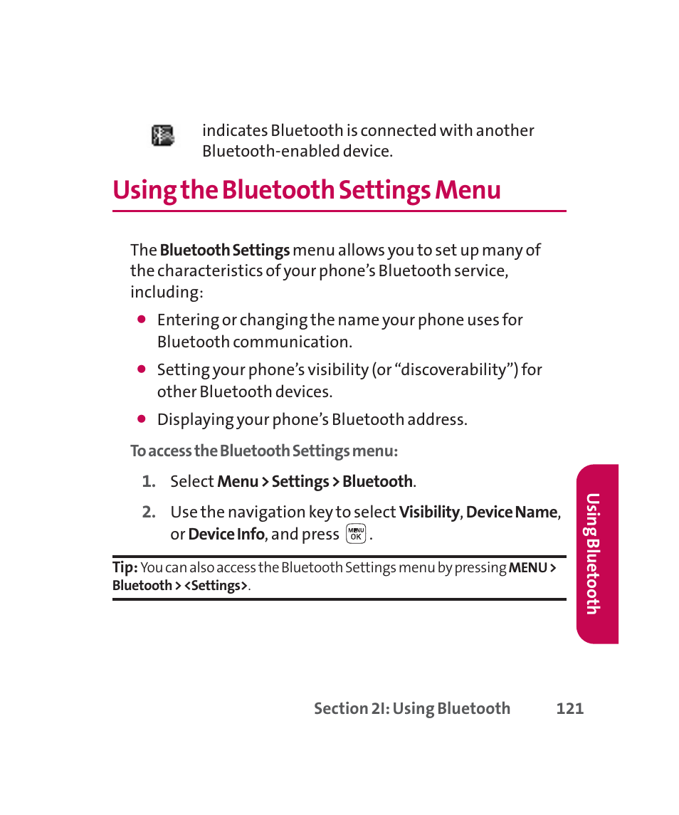 Using the bluetooth settings menu | LG 160 User Manual | Page 134 / 416