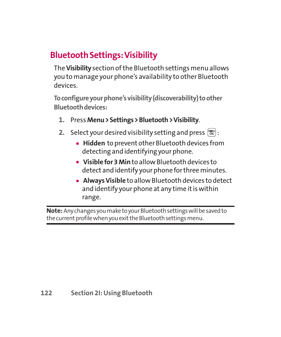 Bluetooth settings: visibility | LG 160 User Manual | Page 135 / 416