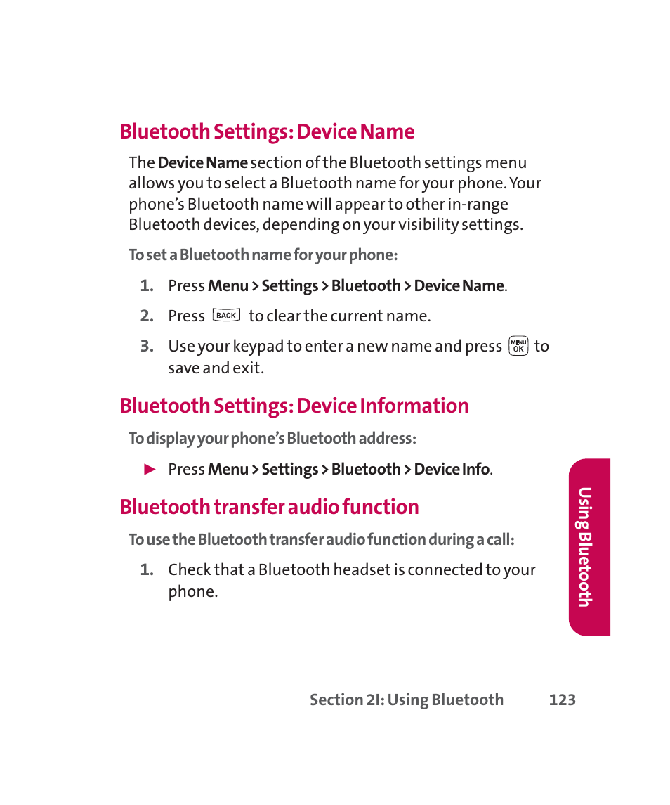 Bluetooth settings: device name, Bluetooth settings: device information, Bluetooth transfer audio function | LG 160 User Manual | Page 136 / 416