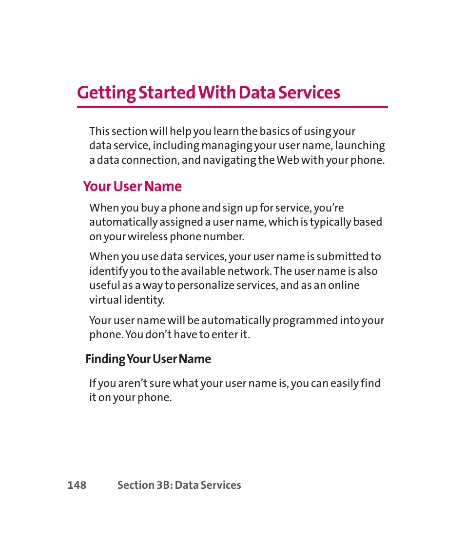 Getting started with data services, Your user name | LG 160 User Manual | Page 161 / 416