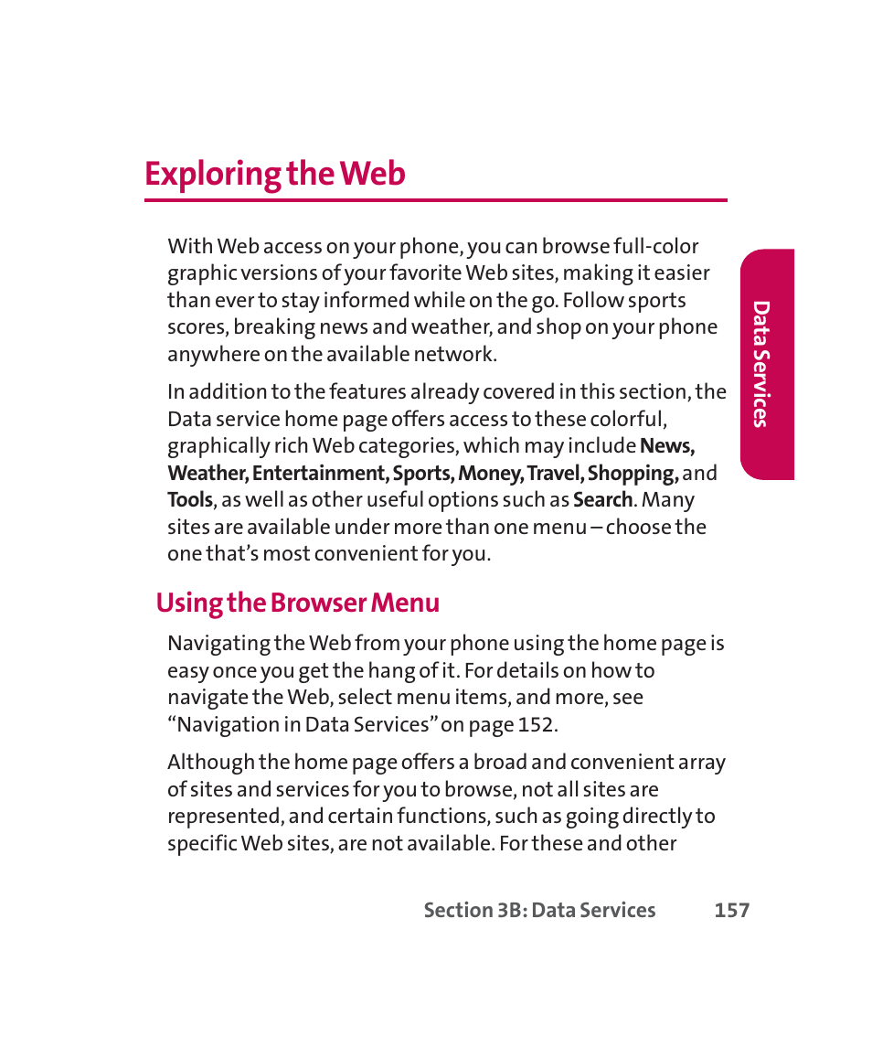 Exploring the web, Using the browser menu | LG 160 User Manual | Page 170 / 416