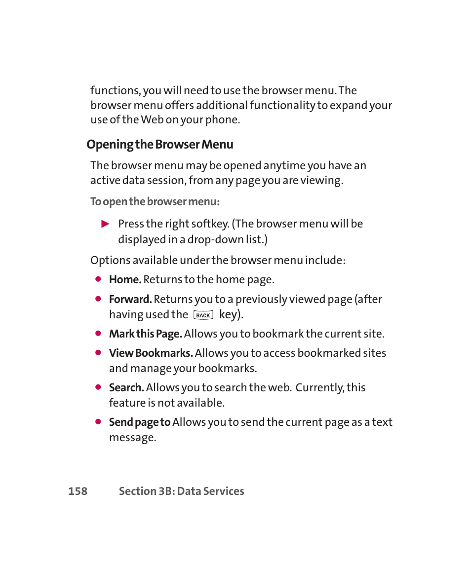 Opening the browser menu, Key) | LG 160 User Manual | Page 171 / 416