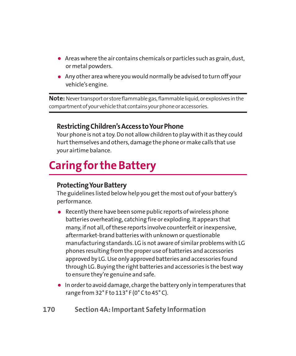 Caring for the battery, Restricting children’s access to your phone, Protecting your battery | LG 160 User Manual | Page 183 / 416