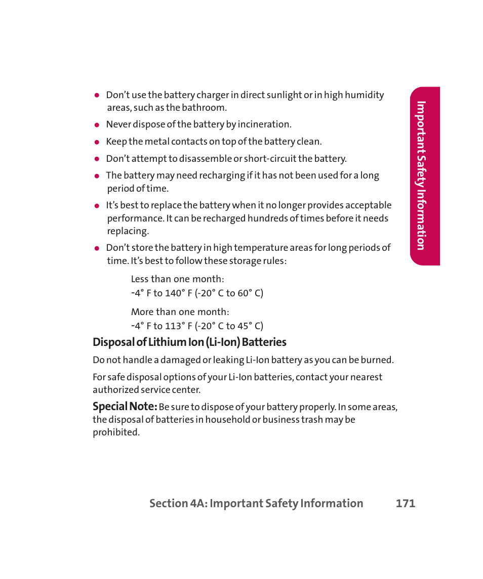 Disposal of lithium ion (li-ion) batteries, Impor tan t saf ety inf orma tion | LG 160 User Manual | Page 184 / 416