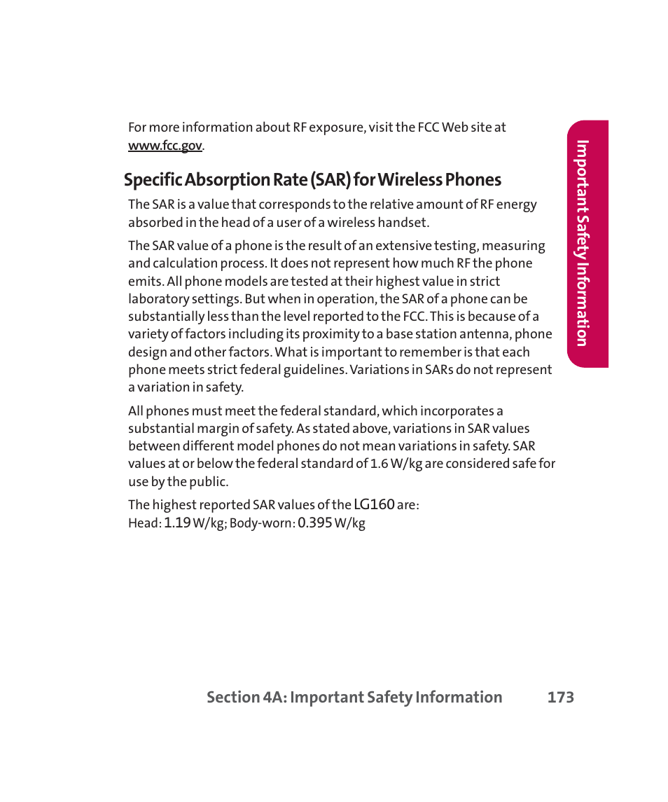 Specific absorption rate (sar) for wireless phones | LG 160 User Manual | Page 186 / 416