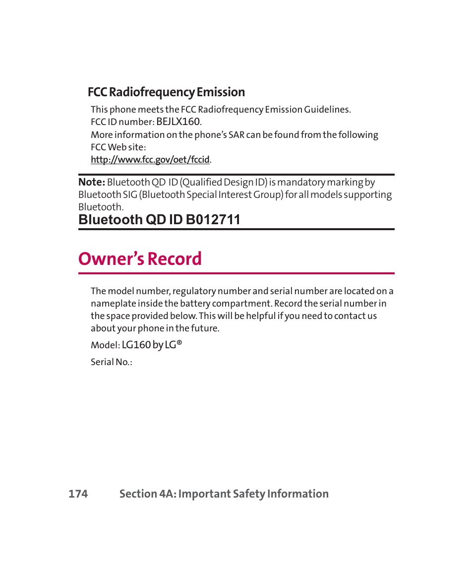 Owner’s record, Fcc radiofrequency emission | LG 160 User Manual | Page 187 / 416