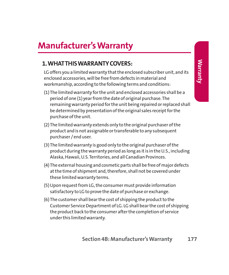 Manufacturer’s warranty, What this warranty covers, Warr an ty | LG 160 User Manual | Page 190 / 416