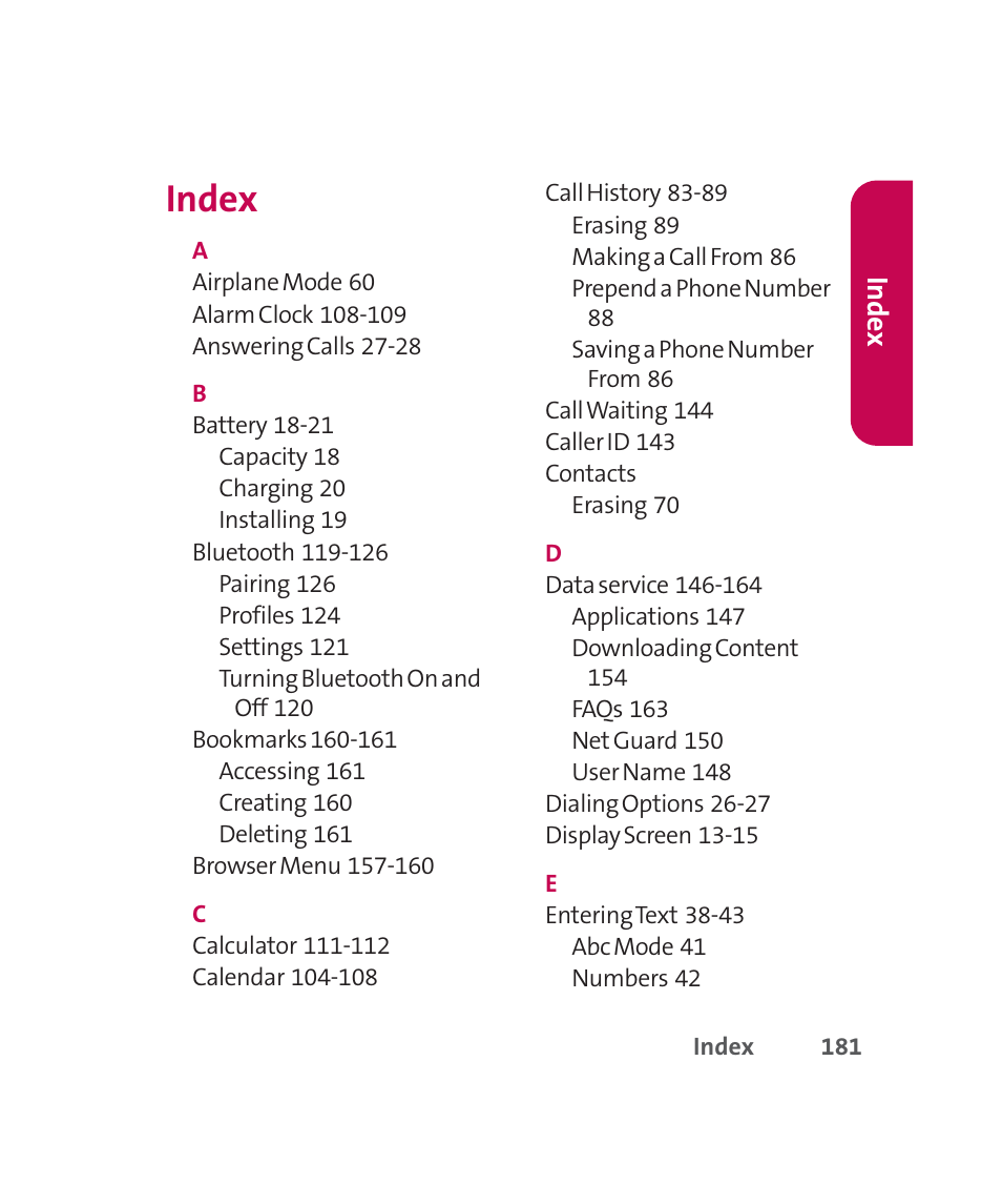 Index, Inde x | LG 160 User Manual | Page 194 / 416