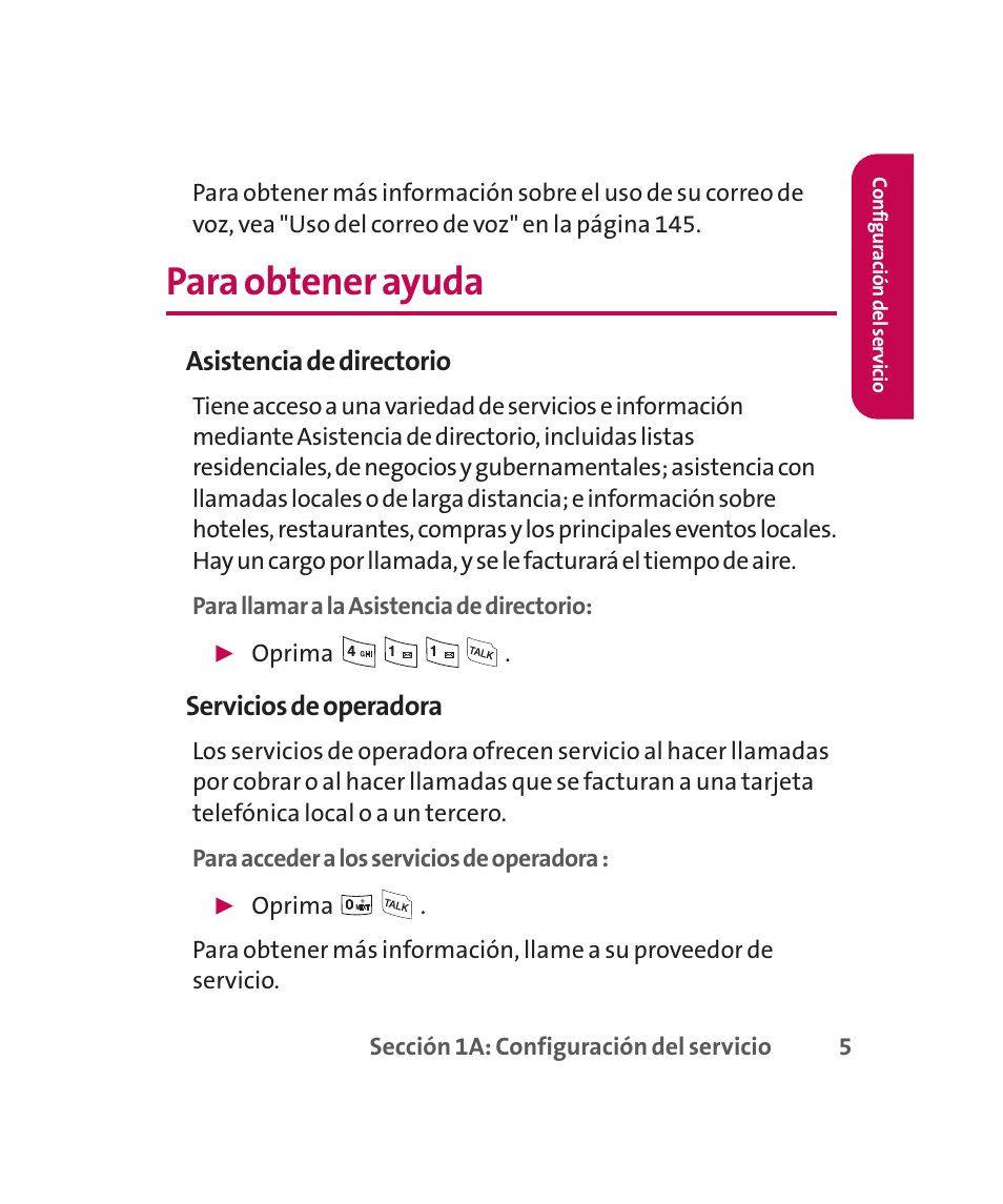 Para obtener ayuda, Asistencia de directorio, Servicios de operadora | LG 160 User Manual | Page 215 / 416