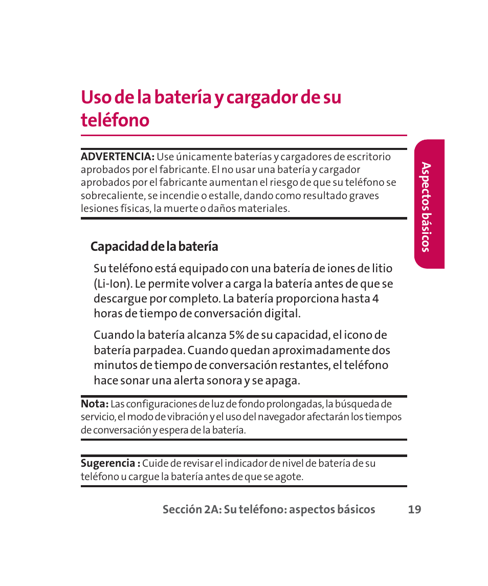 Uso de la batería y cargador de su teléfono | LG 160 User Manual | Page 229 / 416