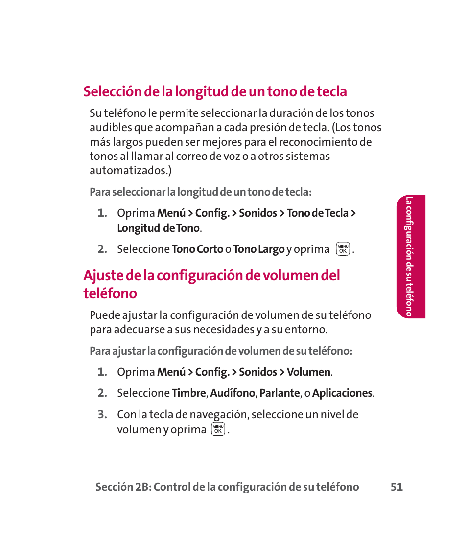 Selección de la longitud de un tono de tecla, Ajuste de la configuración de volumen del teléfono | LG 160 User Manual | Page 261 / 416