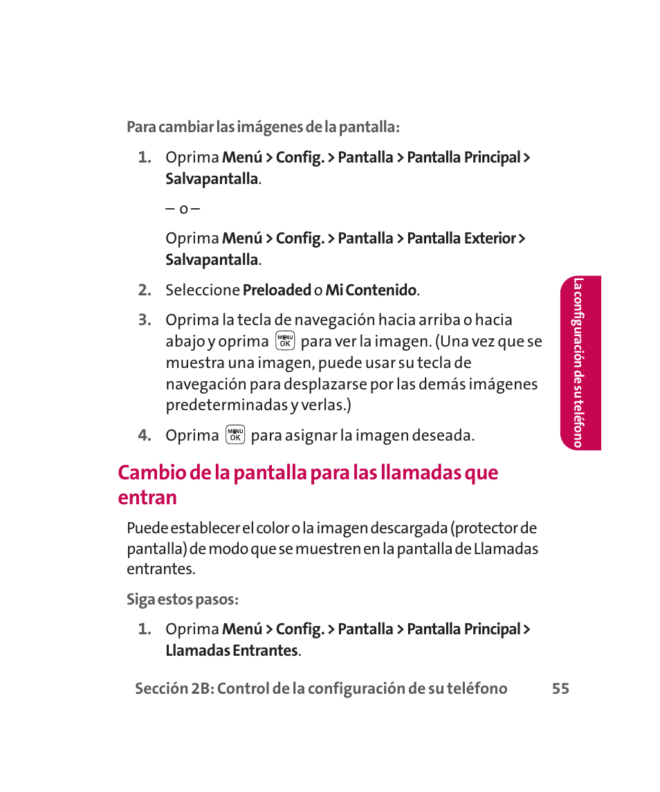 Cambio de la pantalla para las llamadas que entran | LG 160 User Manual | Page 265 / 416